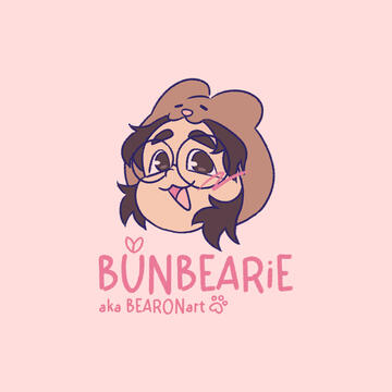 my brand logo. a bear with my haircut and glasses, a tongue sticking out and pink cheeks. below are a tablet stylus and paintbrush.