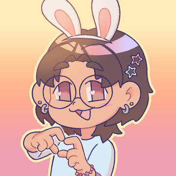 ID: digital self-portrait drawing of me with glasses, light brown skin, and dark brown hair. i'm making a heart pose with my hands facing left and wearing bunny ears. end ID